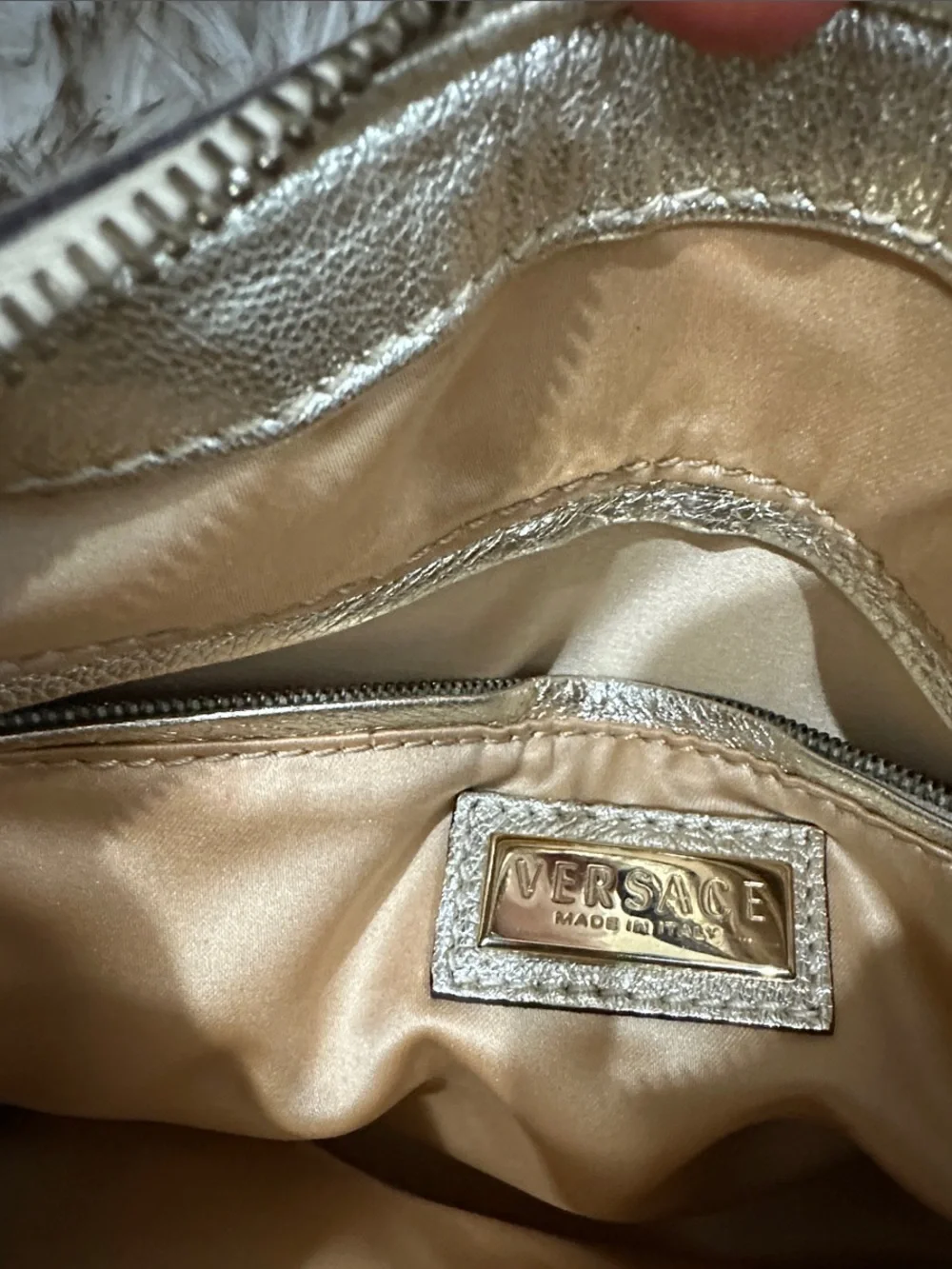 VERSACE Gold and Cream Logo Medusa & Greek key chain Satchel Handbag w/ lock-key
